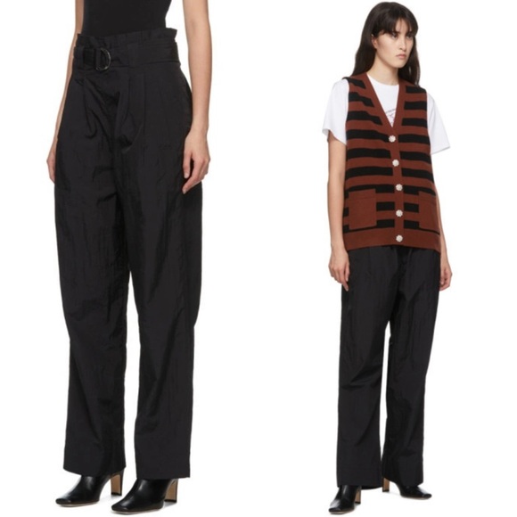 GANNI 90s D-Ring Cinch Belt Pleated High Waist Wide Leg Black Tech Nylon Pants L - Picture 2 of 6